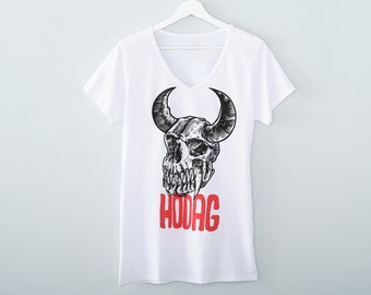 Damen Hodag Skull Baumwolle T-Shirt mit V-Ausschnitt