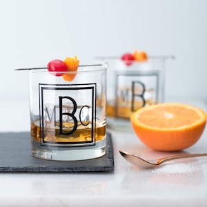 Monogram Old Fashioned Glassware Set Square, Personalized Cocktail glass, Set of 6 image 1