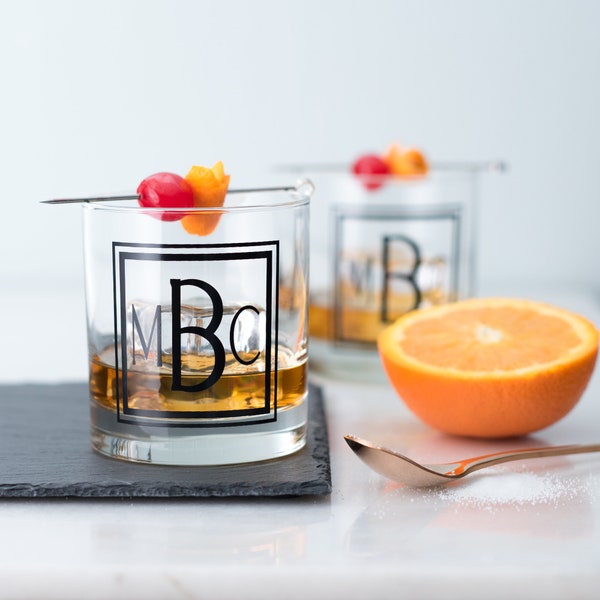 Monogram Old Fashioned Glassware Set - Square, Personalized Cocktail glass, Set of 6