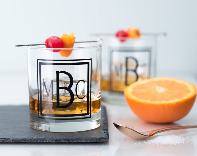 Monogram Old Fashioned Glassware Set - Square, Personalized Cocktail glass, Set of 6