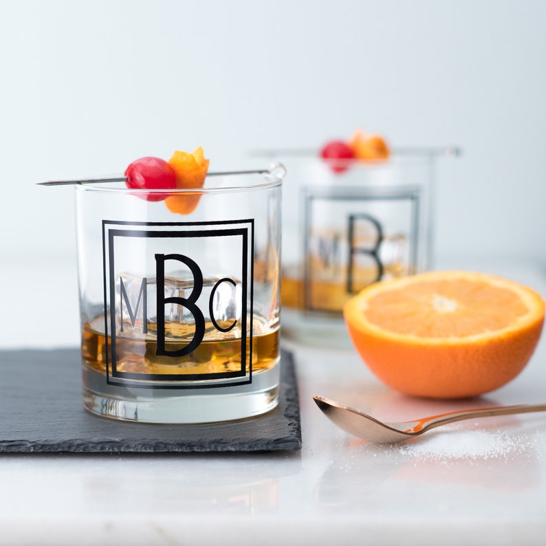 Monogram Old Fashioned Glassware Set Square, Personalized Cocktail glass, Set of 6 image 1