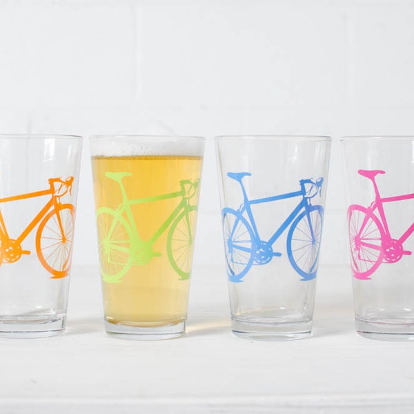 BIKE PARTY GLASSWARE set of 4 screen printed bicycle Pint glasses