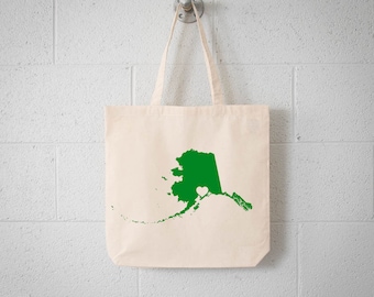 Anchorage Heart, Alaska Love Tote Bag, GREEN, Recycled cotton state silhouette on natural bag