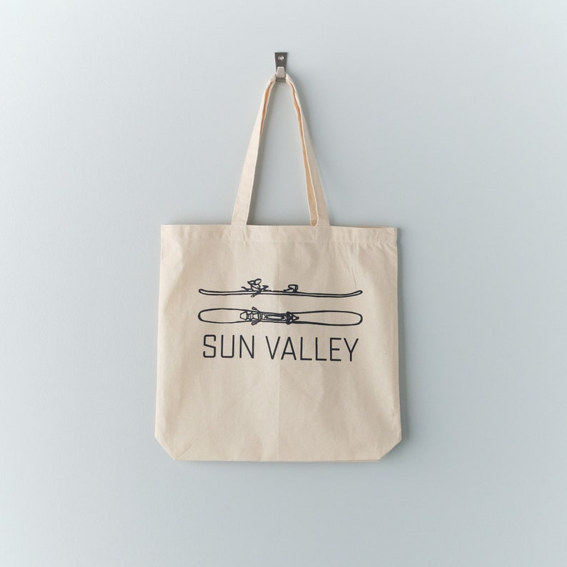 Ski or Snowboard Personalized tote bag, Recycled cotton custom text on natural bag, set of 12 image 1
