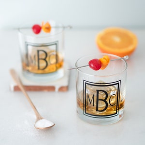 Monogram Old Fashioned Glassware Set Square, Personalized Cocktail glass, Set of 6 image 2