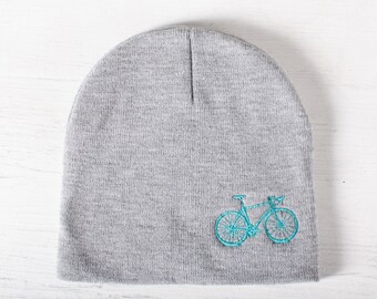 VITAL BICYCLE Knit BEANIE winter hat, tuquoise bike embroidered on warm gray cap