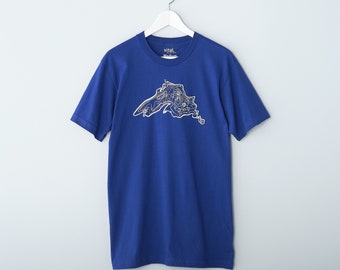 Men's Lake Superior Tee, Great Lakes gifts for him - White on Lapis Blue Cotton t-shirt