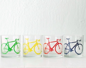 BIKE PARTY Glassware set of 4,  screen printed bicycle old fashioned ROCKS glasses
