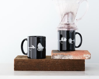 Fly Fishing Coffee Mug, Black and Matte Silver