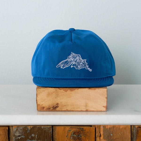 Lake Superior Contour Embroidered Snapback Hat, Great Lakes gifts for him and her, Blue Satin