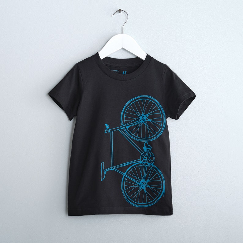 Kids FIXIE Bicycle TSHIRT Bright Teal Bike on Black Cotton Tee image 3