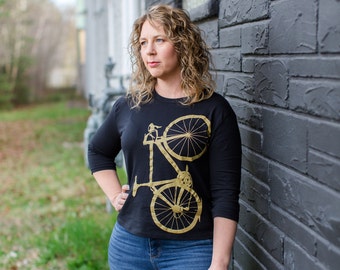 Women's Bicycle graphic Tee, clothing gift for her, 3/4 Sleeve organic cotton boxy crop top