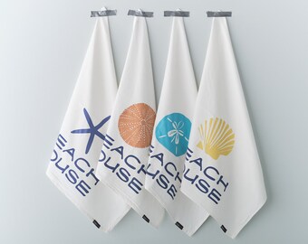 Beach House Flour Sack Tea Towel, Starfish, Sea Urchin, Sand Dollar, Scallop Shell