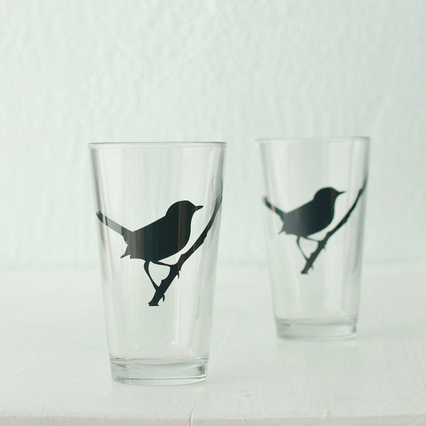 SALE - WREN Pint Glasses - screen printed bird in charcoal on pint glass