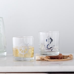 The Nautical screen printed rocks glasses, Wheel, Anchor, Compass Rose
