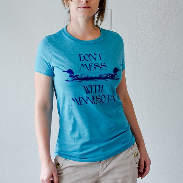 MN TSHIRT XL Frauen Siebdruck Dont Mess mit Minnesota T-Shirt Marine auf Aqua extra groß