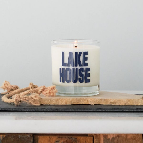 Lake House Candle, Navy screen print, reusable container