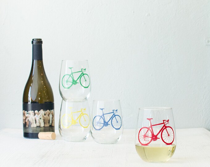 BICYCLE WINE GLASSES Screen Printed Bike Stemless Wine Glasses Etsy