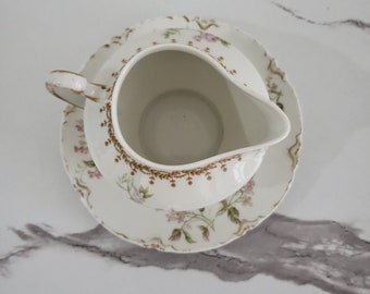 Limoges Pink Floral Creamer/Gravy Boat with plate