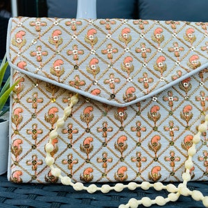 Handcrafted Women&#39;s Gold Wallet  | Embroidered Traditional Clutch  | Boho  Wallet | Indian Print