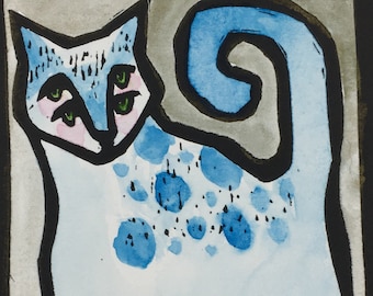 Kosmische gefleckte Katze original handkolorierter Linolschnitt Aquarell auf Papier magische Tier inspirierte Kunst