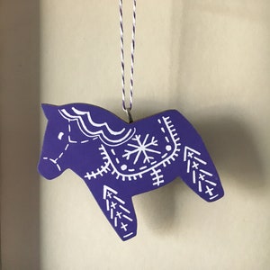 Nordic Dala Horse linocut style ornament hanging wooden holiday decoration purple and white image 1