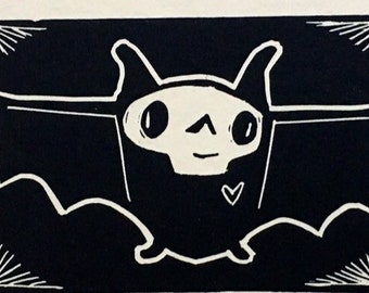 Friendly Happy Bat Original noir et blanc tiré à la main linogravure archial encre sur papier halloween art goth décor