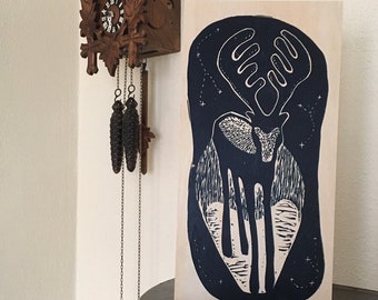 Starry Night Stag original linocut on wooden panel, animal art, cabin decor, deer, printmaking, good omen, winter art,