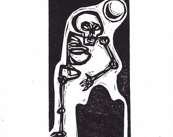 Creepy Cemetery Skeleton Reciting Poetry Near A Tombstone Under the Light of the Moon hand printed black and white linocut original art