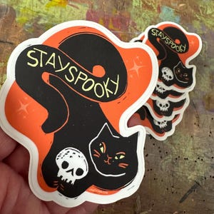 STAY SPOOKY 4” Halloween Cat and Skull vinyl sticker / laptop sticker, waterproof sticker, black cat, witchy, weird