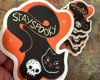 STAY SPOOKY 4” Halloween Cat and Skull vinyl sticker / laptop sticker, waterproof sticker, black cat, witchy, weird