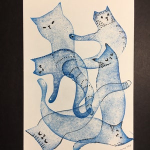 Six Blue Ghost Cats Original Art hand printed linocut image 2