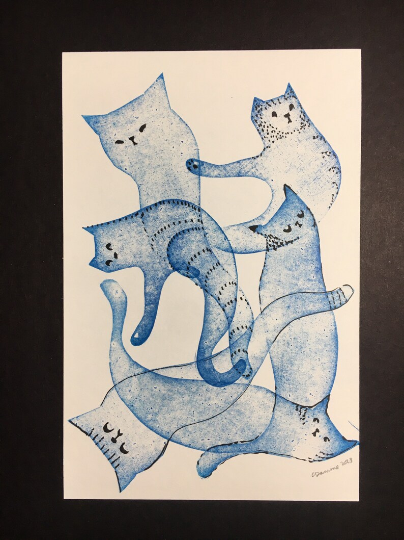 Six Blue Ghost Cats Original Art hand printed linocut image 2