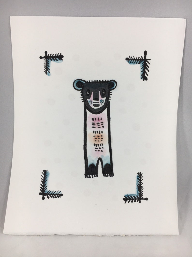 Gentle Bear original hand colored linocut ink drawing on paper