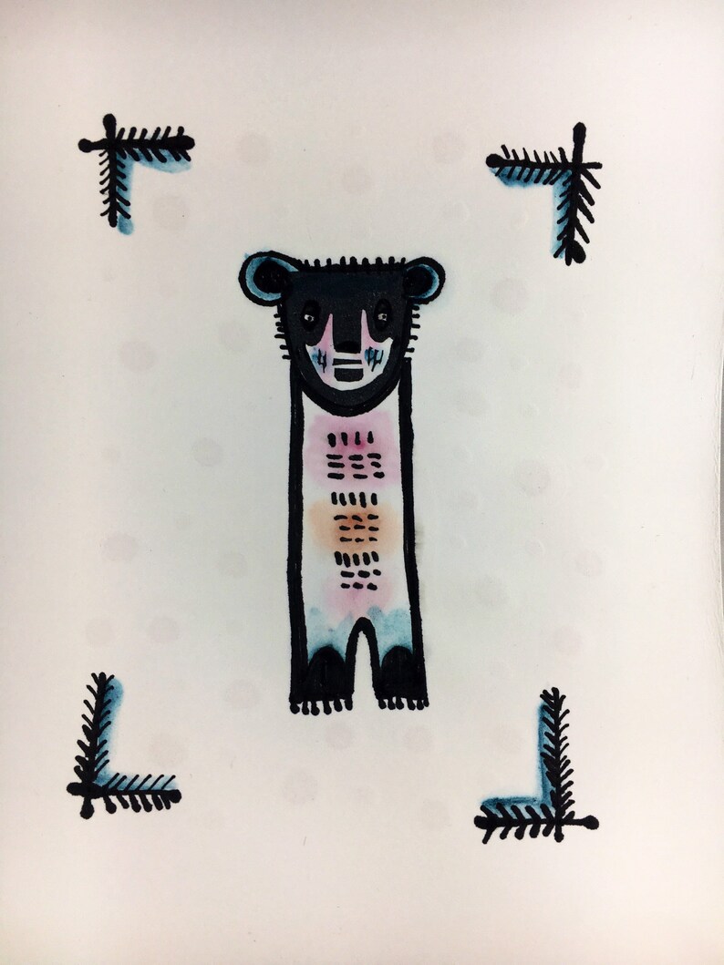 Gentle Bear original hand colored linocut ink drawing on paper