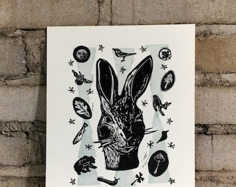 Linogravure de lapin imprimée à la main d'art animalier original de lièvre forestier