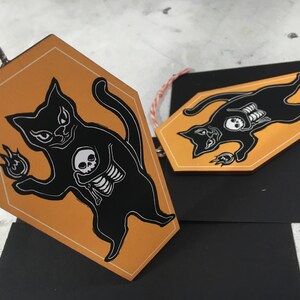 Coffin Cat Decoration - Bakeneko demon black cat gothic linocut style hanging wooden Halloween ornament