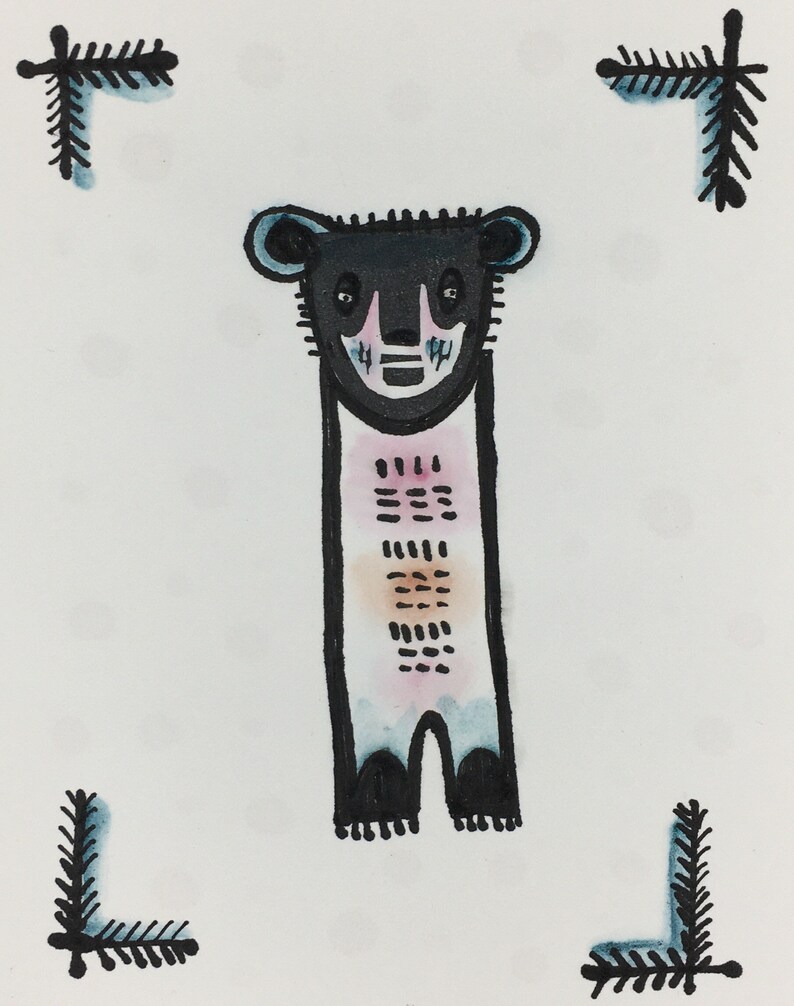 Gentle Bear original hand colored linocut ink drawing on paper