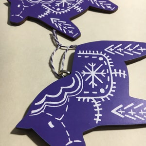 Nordic Dala Horse linocut style ornament hanging wooden holiday decoration purple and white image 2