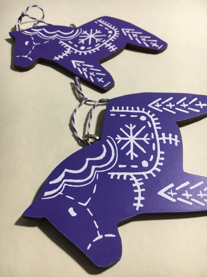 Nordic Dala Horse linocut style ornament hanging wooden holiday decoration purple and white image 2