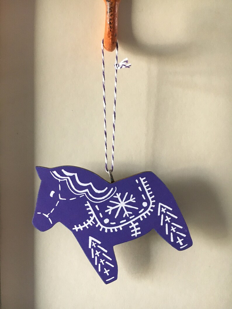 Nordic Dala Horse linocut style ornament hanging wooden holiday decoration purple and white image 1