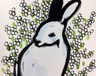 Illustration originale d'aquarelle et de linogravure technique mixte de lapin de printemps doux blanc