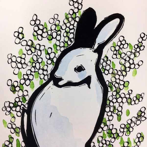 Sweet White Springtime Bunny original mixed media watercolor and linocut illustration