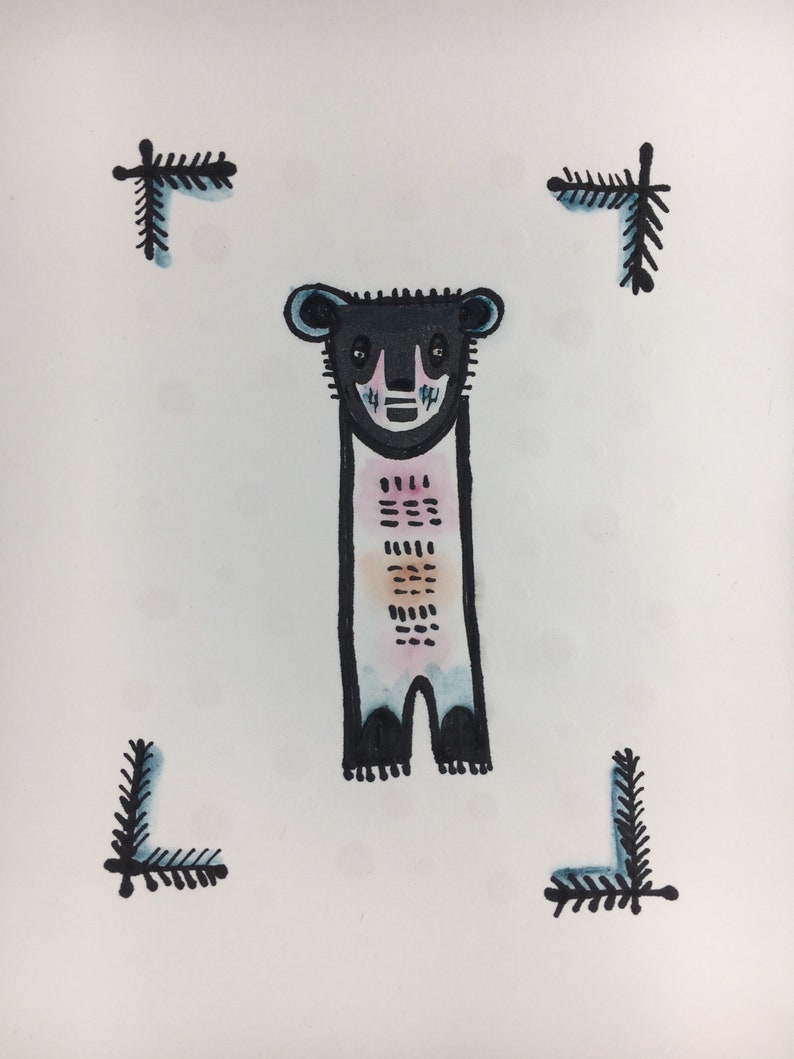 Gentle Bear original hand colored linocut ink drawing on paper