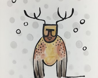 Winter Moose Elk Stag spririt animal hand colored linocut on paper original art nature lover