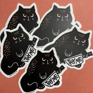 May include: Five black cat stickers with orange eyes and a white outline. Each cat is holding a knife with the text "Try Me" on it. The stickers are on a red background.