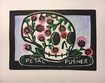 Petal Pusher original hand colored linocut