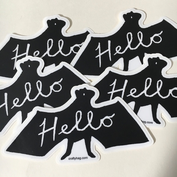 Hello Friendly Bat 4” black and white Halloween vinyl sticker, laptop sticker, punk rock sticker, waterproof sticker