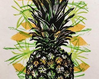 Tropical Pineapple one of a kind kitchen tropical fruit linocut monoprint