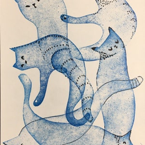 Six Blue Ghost Cats Original Art hand printed linocut image 1